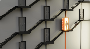 Series of black doors with person walking through orange door