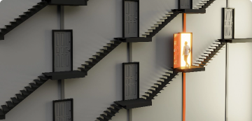 Series of steps and doors with person walking through an orange door