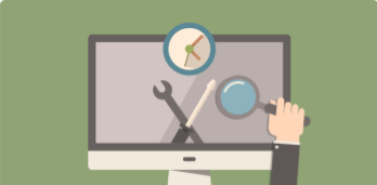 Computer screen with magnifying glass, tools, and clock