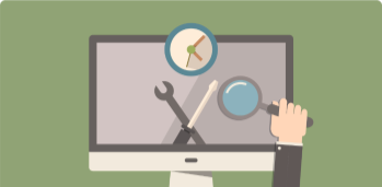 Mangifying glass, wrench, and clock on computer screen